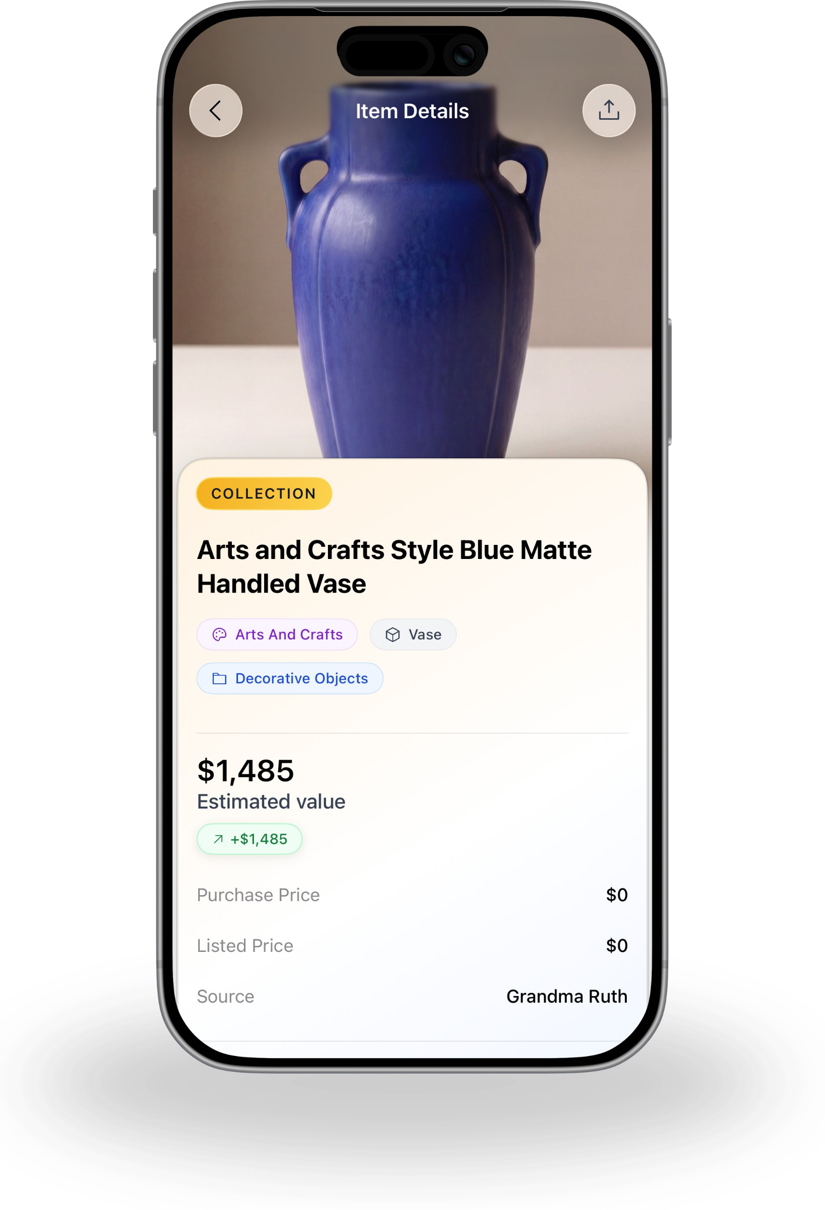 Tocuro item details — Arts and Crafts Blue Matte Handled Vase